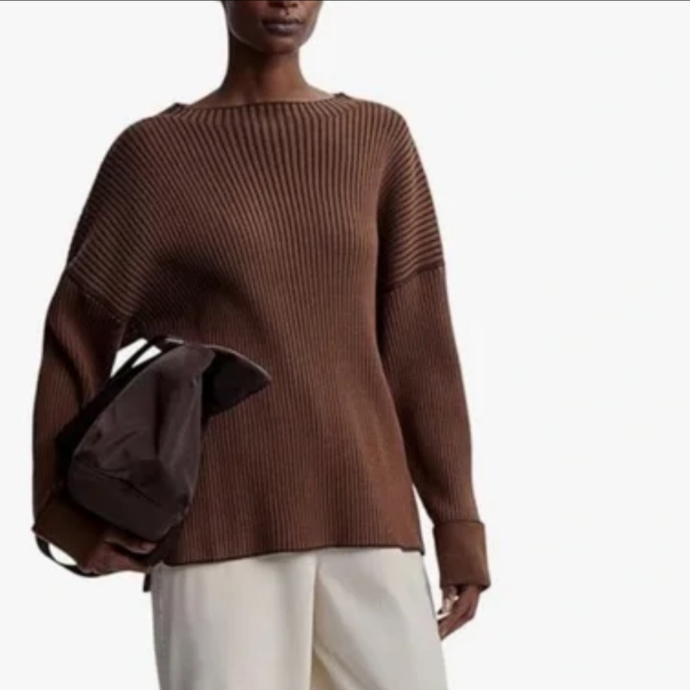Varley Emile Rib Knit longsleeve sweater Rawhide size large brown Moc neck